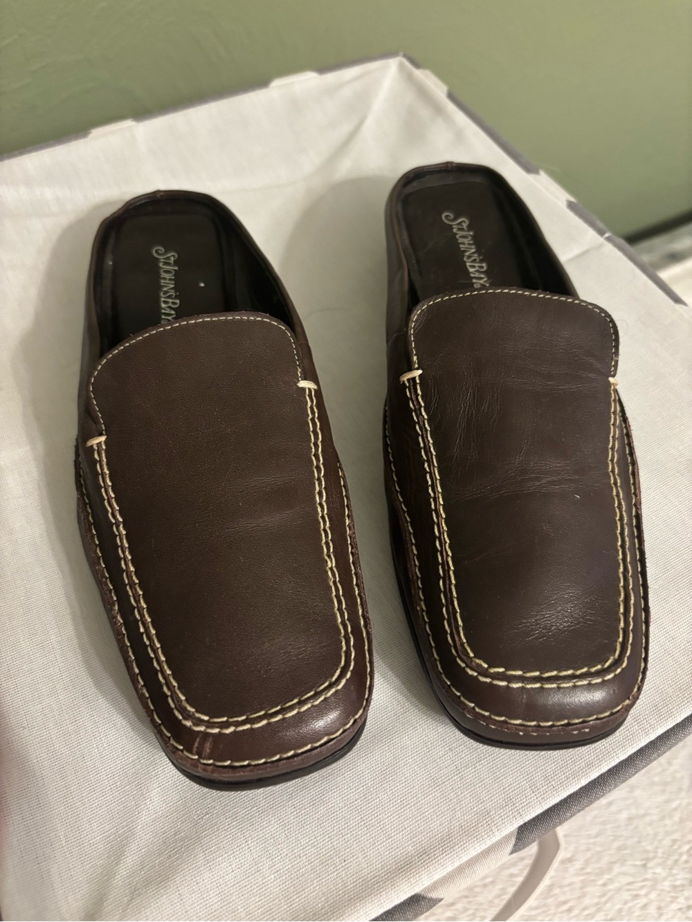 St. John's Bay Brown Leather Slip-On Mules with Contrast Stitching